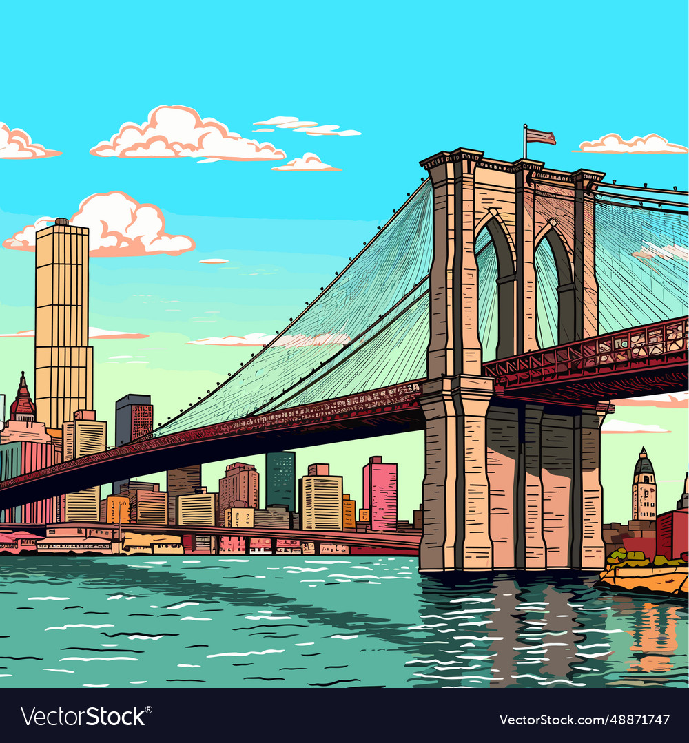 Brooklyn bridge hand-drawn comic Royalty Free Vector Image