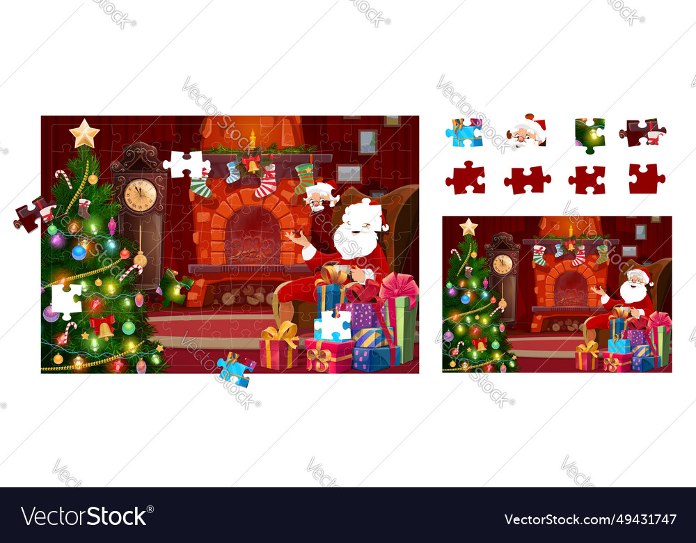 Jigsaw puzzle game pieces christmas santa in chair