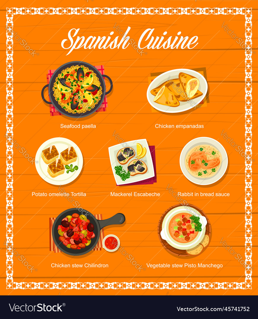 Spanish food menu spain cuisine restaurant dishes Vector Image