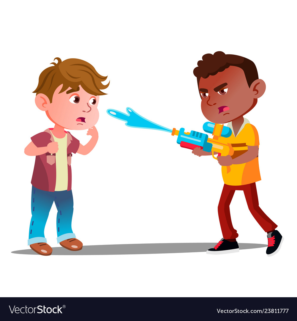 Angry boy shoots water from water pistol in face Vector Image