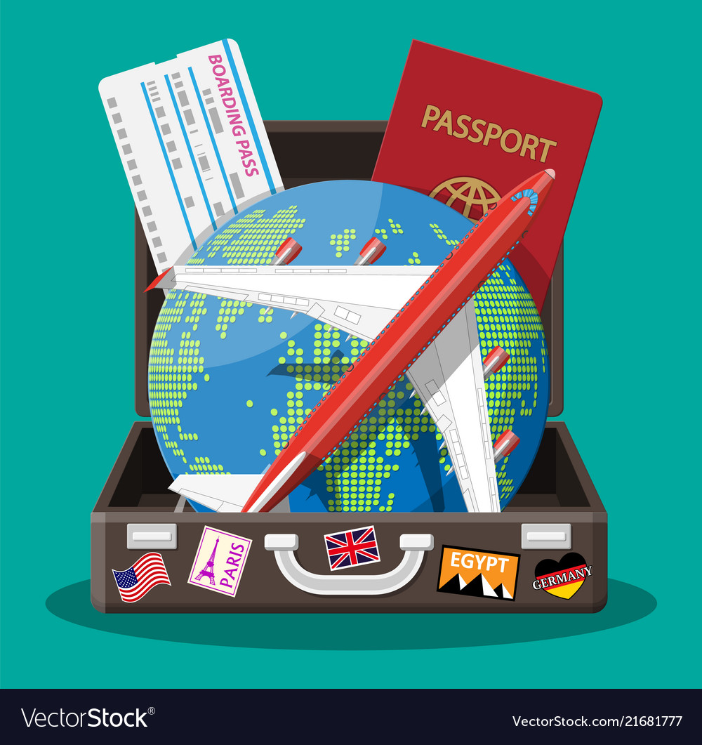 Travel suitcase airplane and globe Royalty Free Vector Image