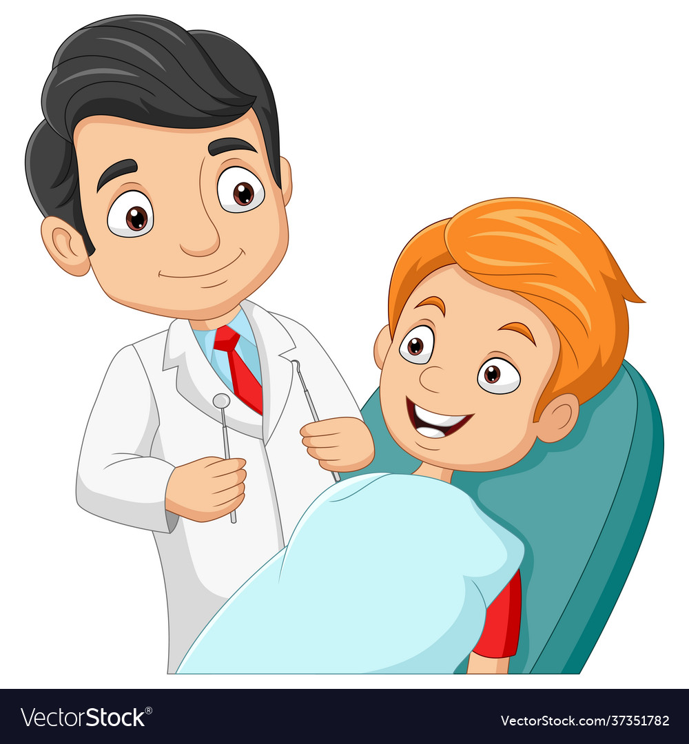 Cartoon dentist checking boys teeth Royalty Free Vector