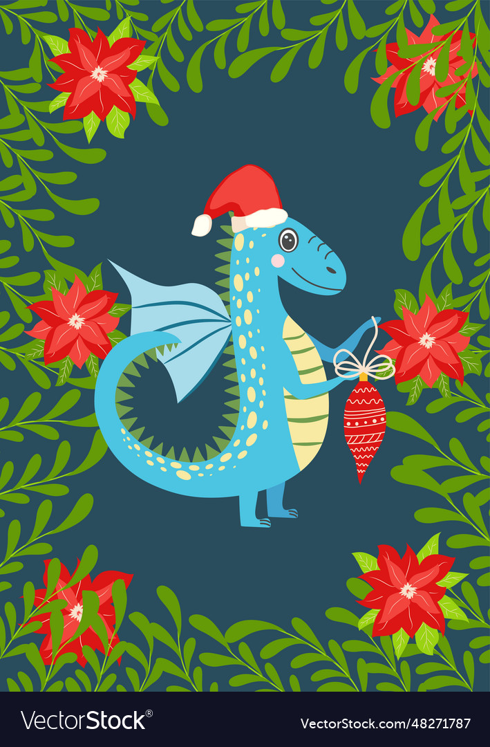 Christmas card with cute green dragon year Vector Image