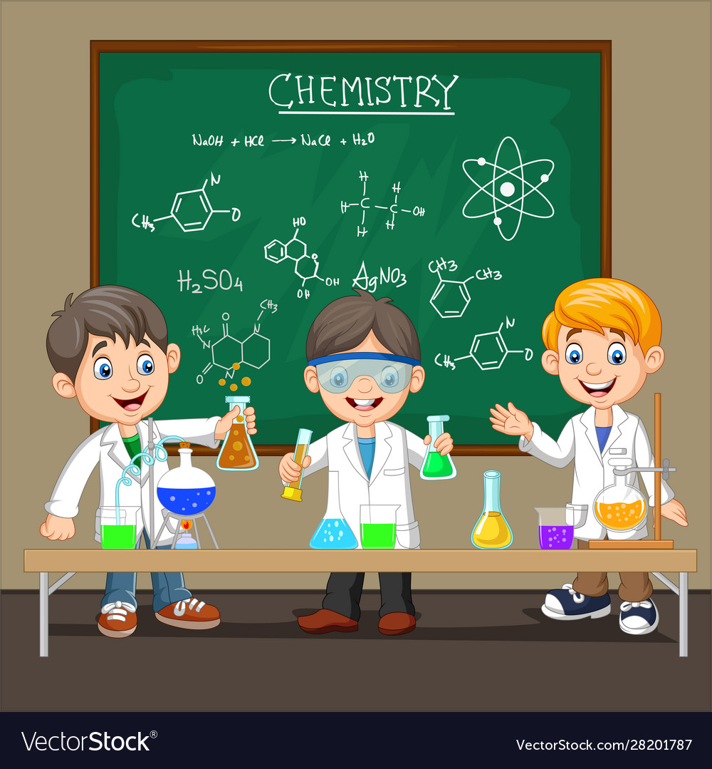 Group scientist boy doing chemical experiment Vector Image