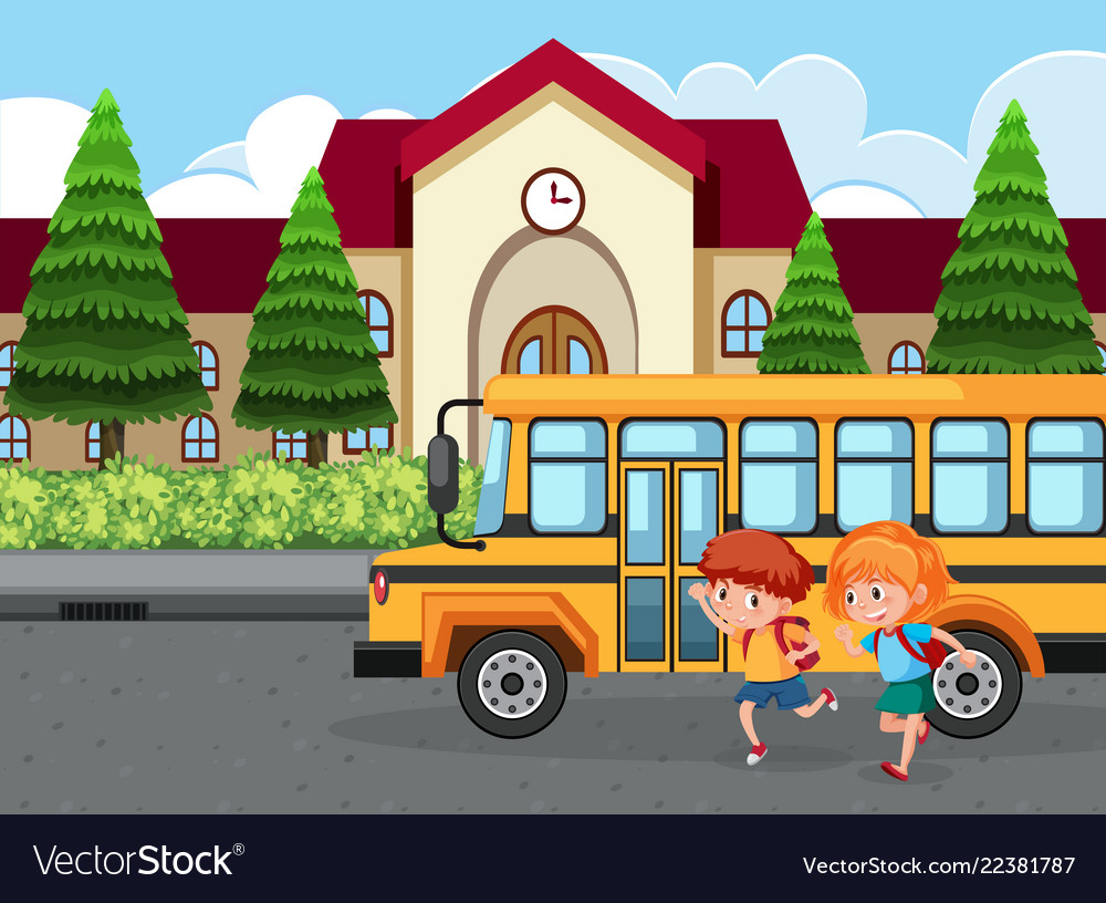 Students goinf to school by bus Royalty Free Vector Image