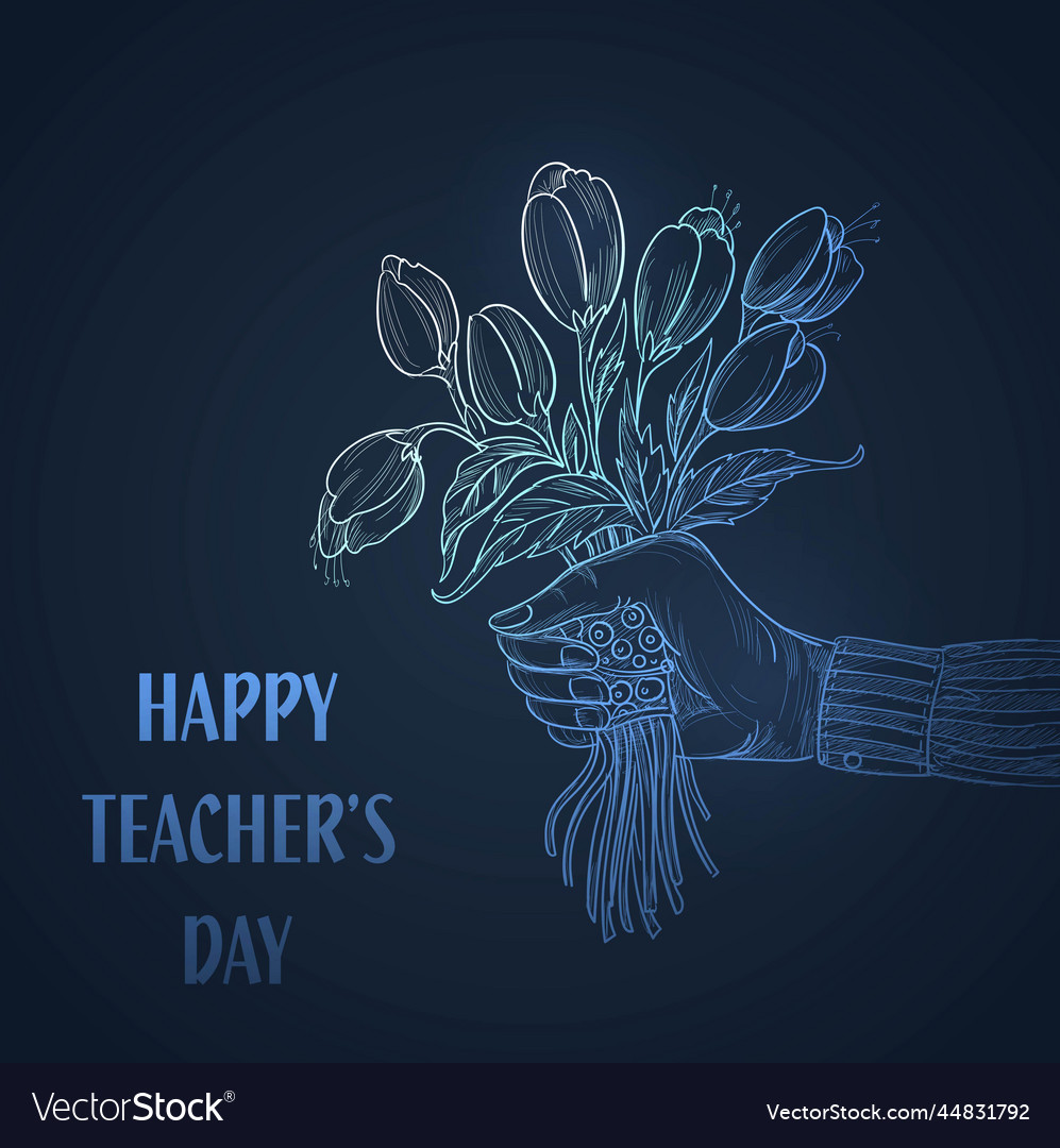 Hand with bouquet of flowers sketch teachers day Vector Image