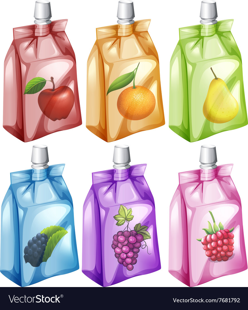 Juice with different flavour in the bag Royalty Free Vector