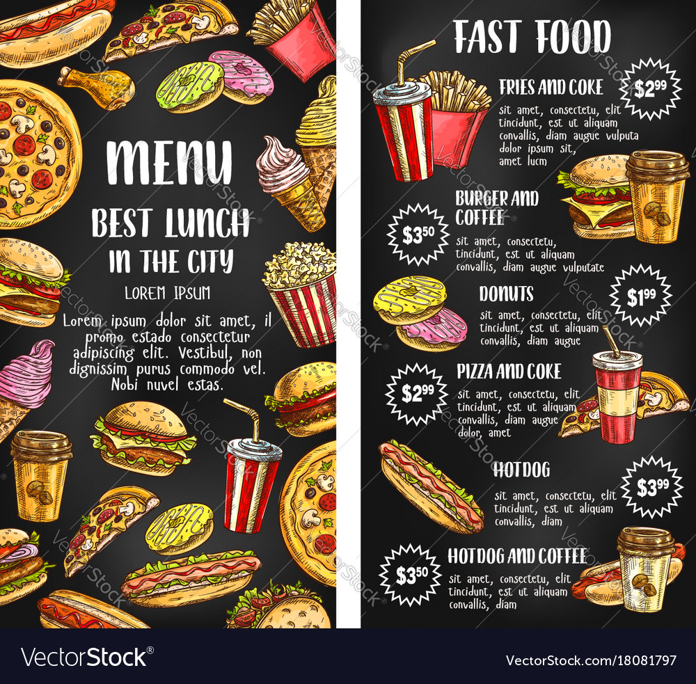 Fast food restaurant menu banner on chalkboard Vector Image