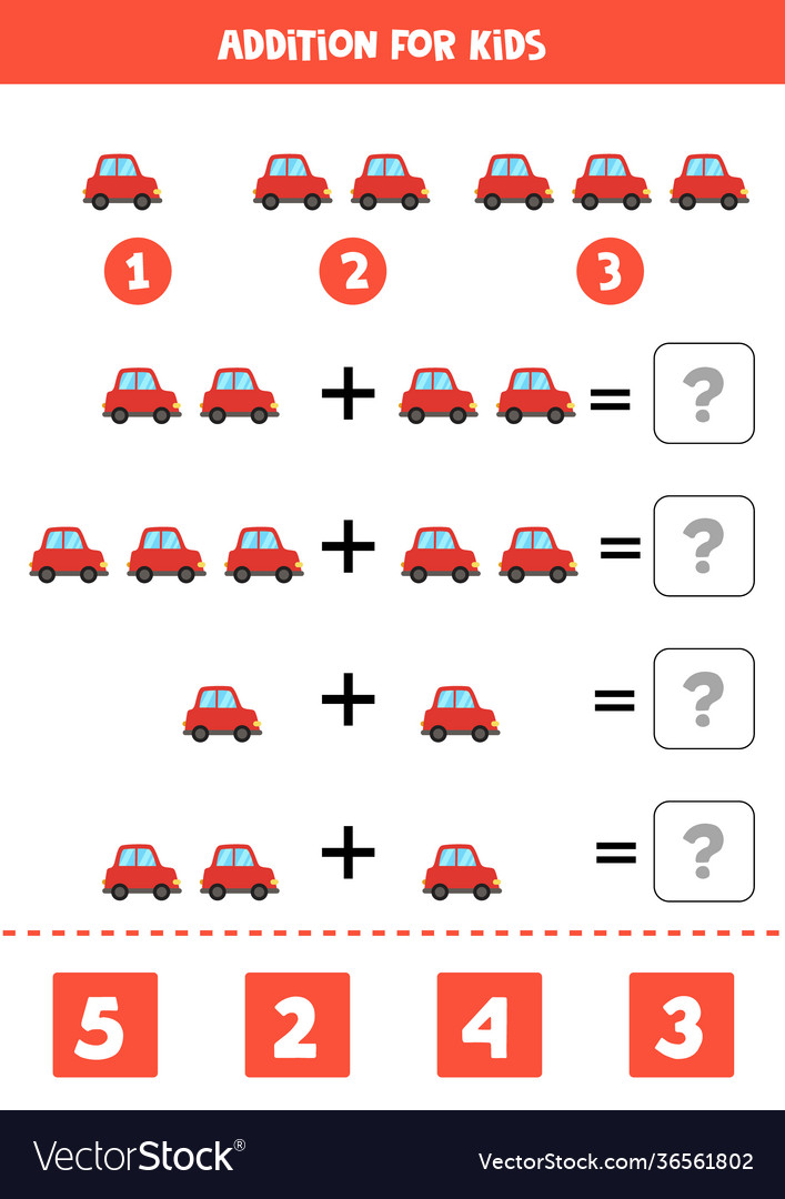 Addition worksheet with cartoon red car math game Vector Image