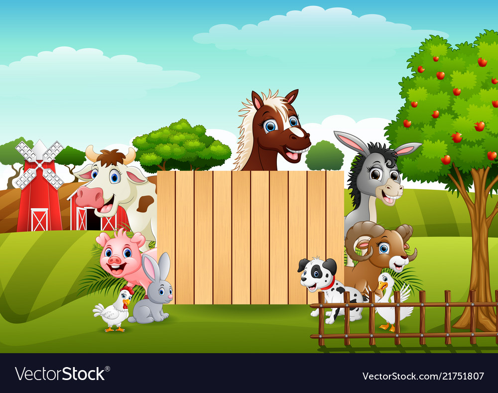 Farm animals with a blank sign wood Royalty Free Vector