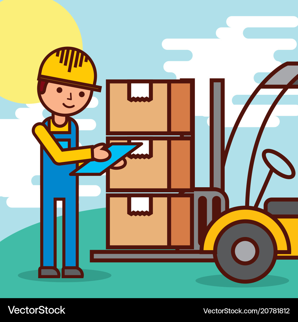 Logistic worker and forklift loading boxes Vector Image