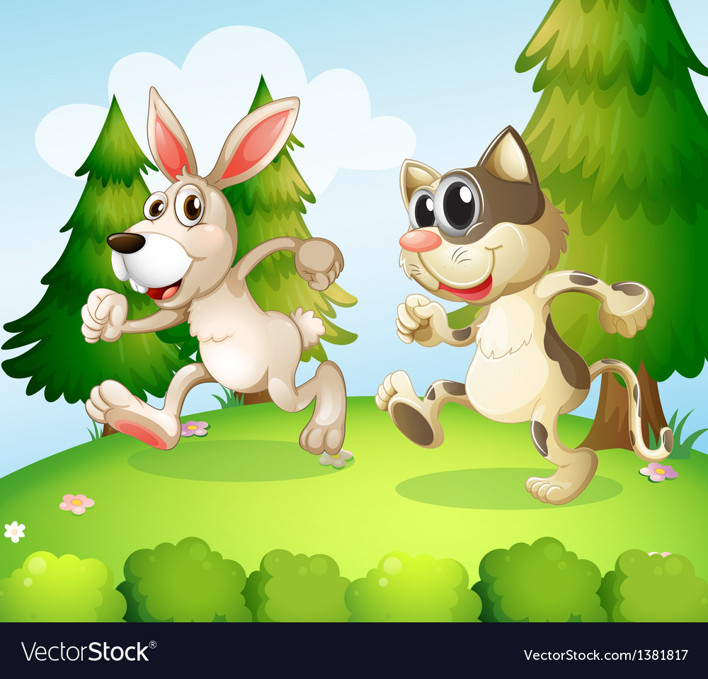 A bunny and a cat running above hill Royalty Free Vector