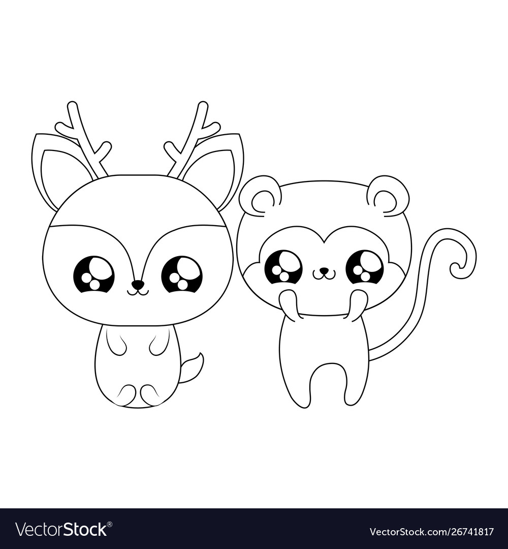 Cute monkey with reindeer baby animals kawaii Vector Image Cute monkey with reindeer baby animals kawaii Vector Image