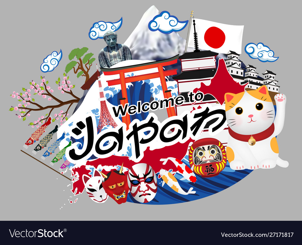 Welcome to japan logo with japan object Royalty Free Vector