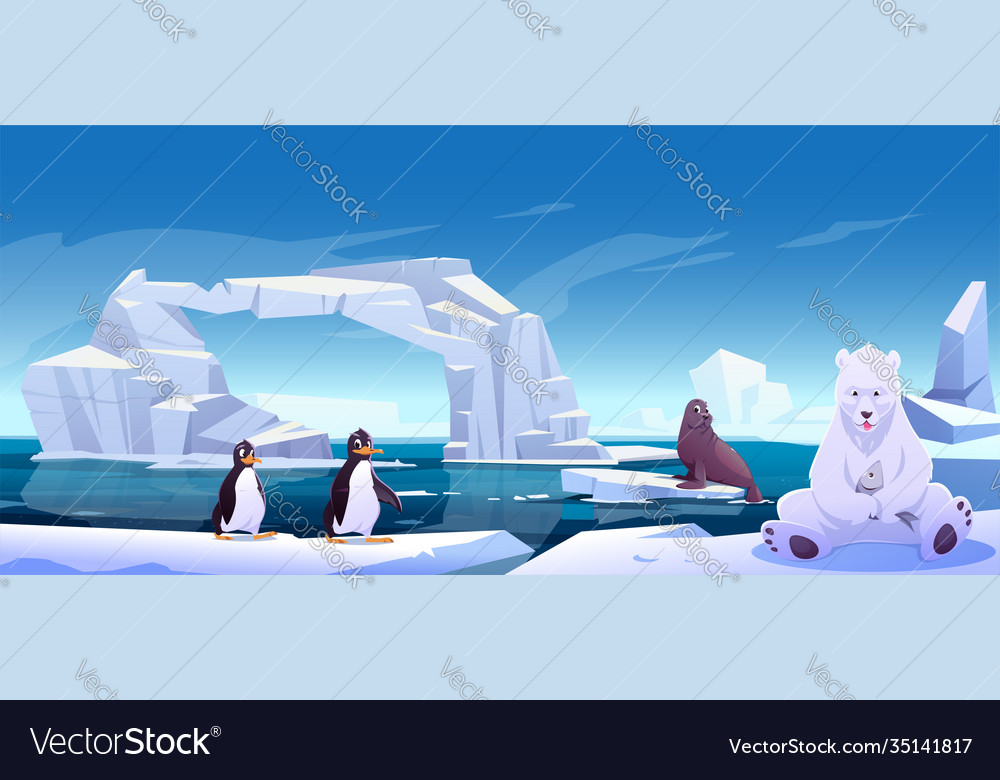 Wild animals sitting on ice floes in sea ocean