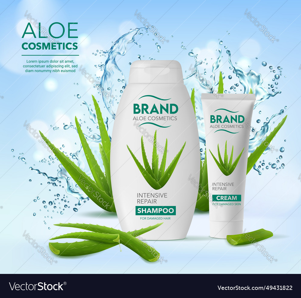 Aloe cream shampoo cosmetics water splash banner Vector Image