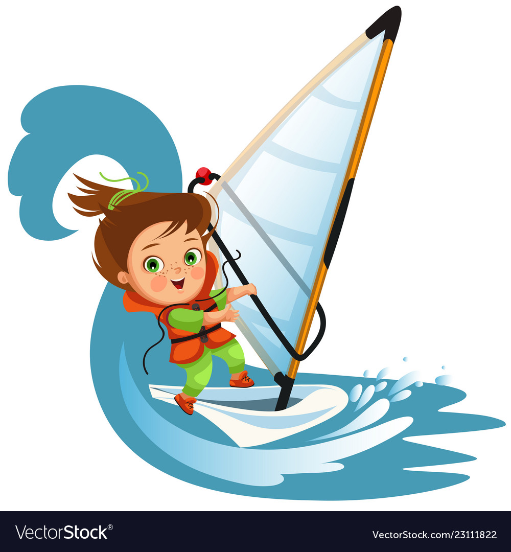 Cartoon boy waving hello and sailing in sea Vector Image