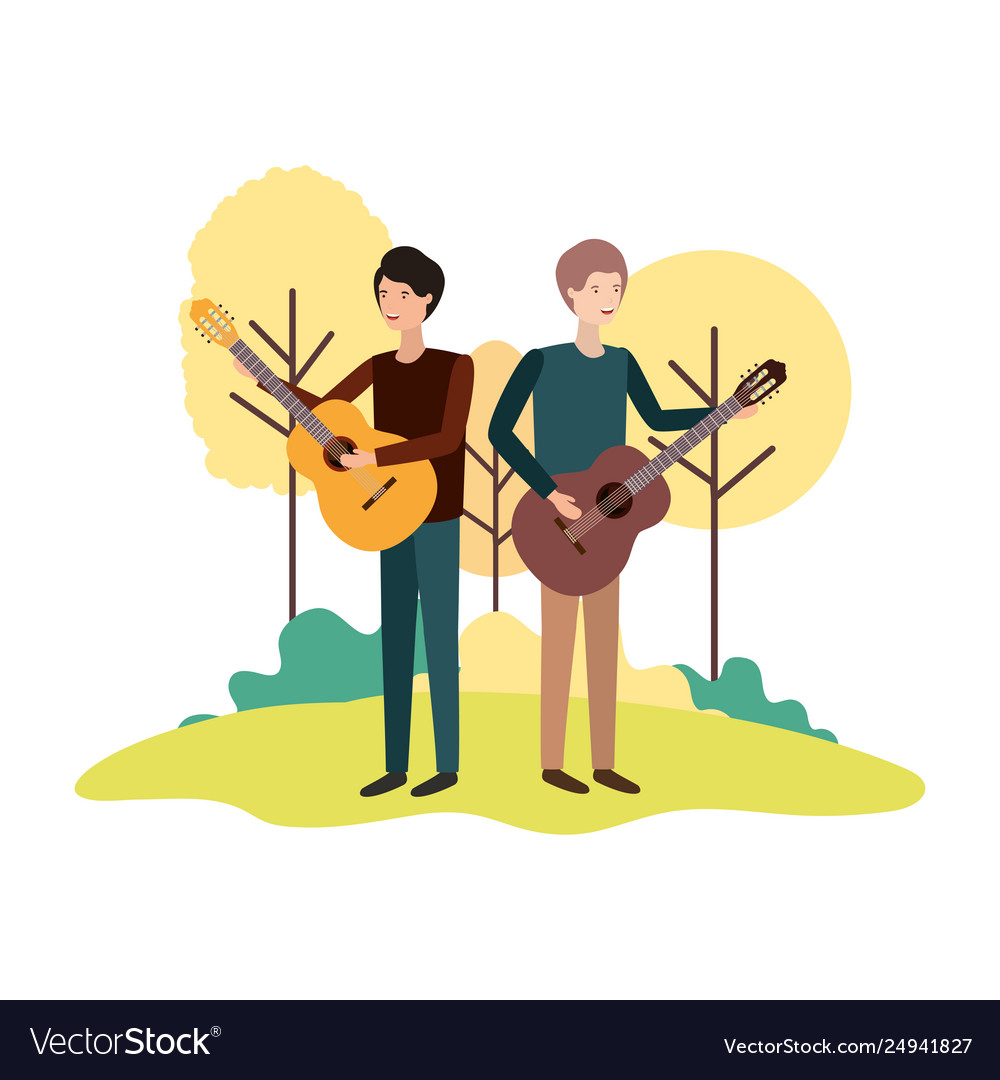 Men with musical instruments in landscape Vector Image