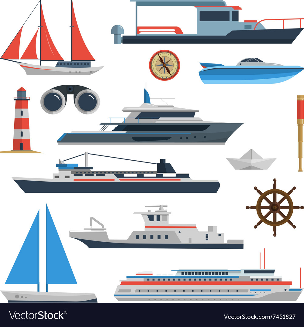 Sea set ships boats and yacht isolated Royalty Free Vector