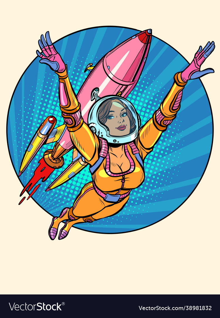 A girl astronaut is flying with space rocket Vector Image