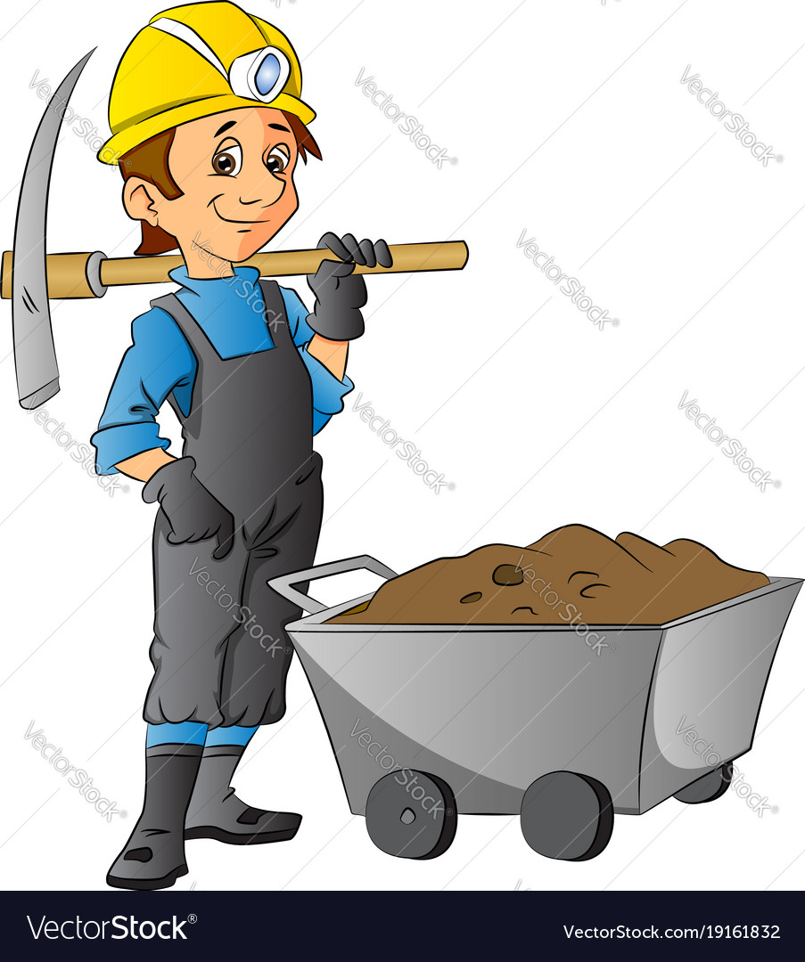 Worker holding pickaxe next to wheelbarrow full Vector Image