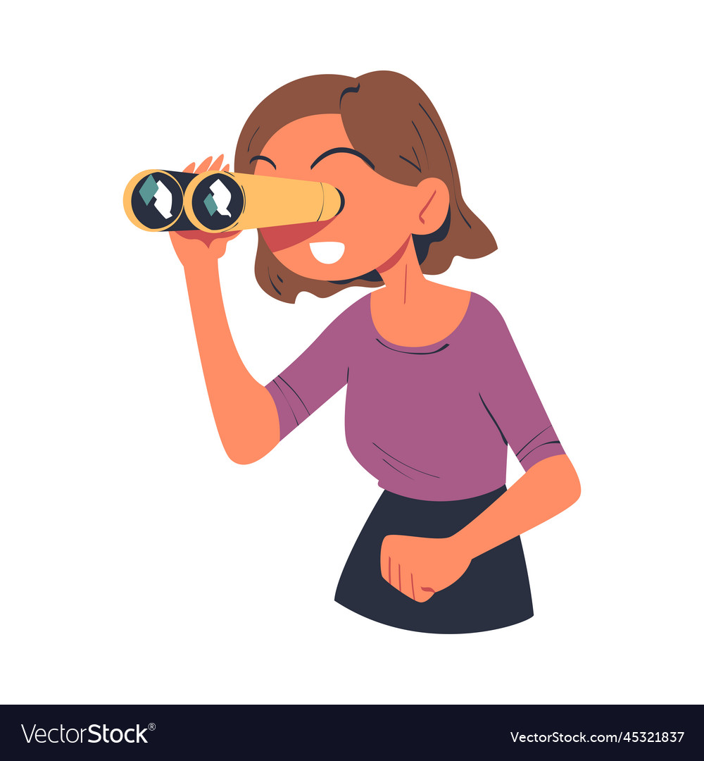 Happy woman character with binoculars looking Vector Image