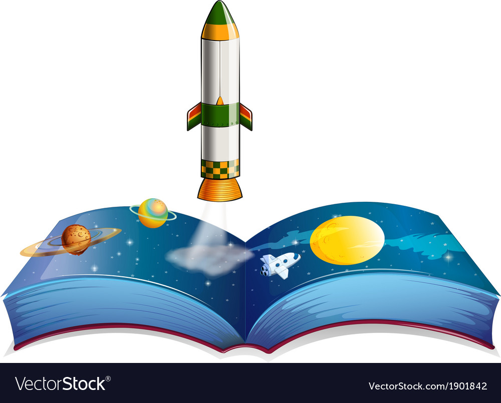 A book with planets and rocket Royalty Free Vector Image