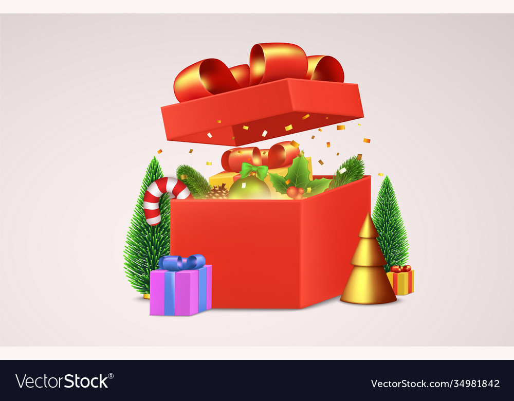 Open red gift box with decorative christmas items Vector Image