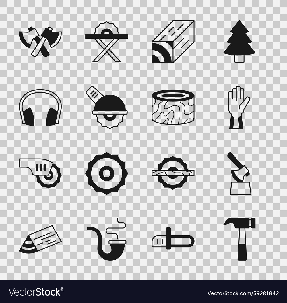 Set hammer wooden axe in stump protective gloves Vector Image