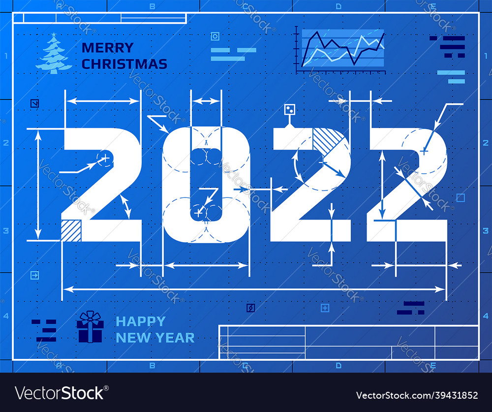 Christmas 2022 Drawing Card Of New Year 2022 As Blueprint Drawing Vector Image
