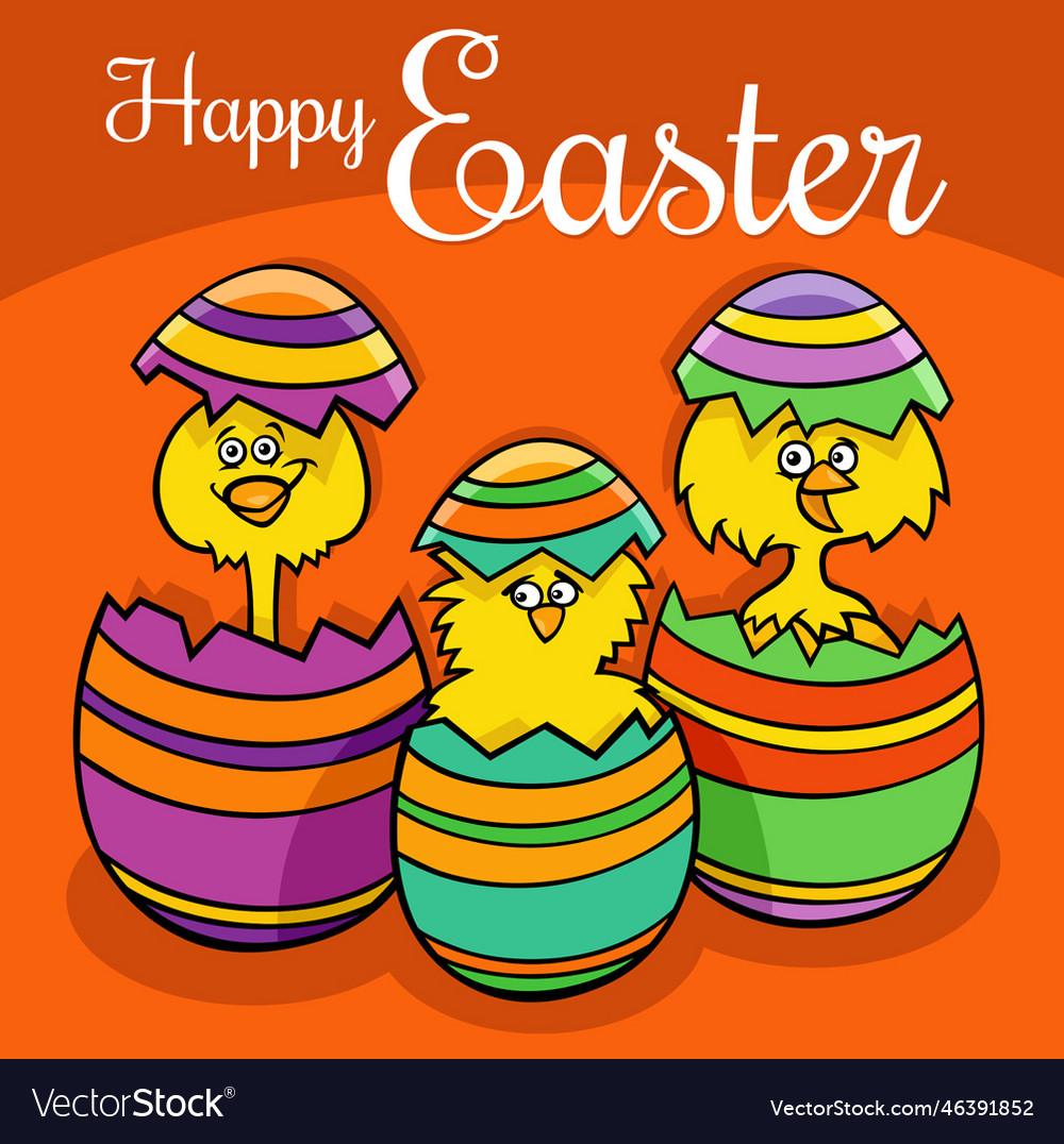 Cartoon easter chicks hatching from eggs greeting Vector Image