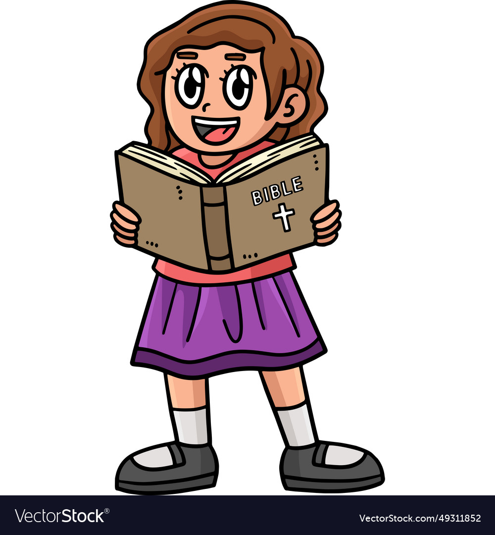 Christian Girl Reading The Bible Cartoon Clipart Vector Image