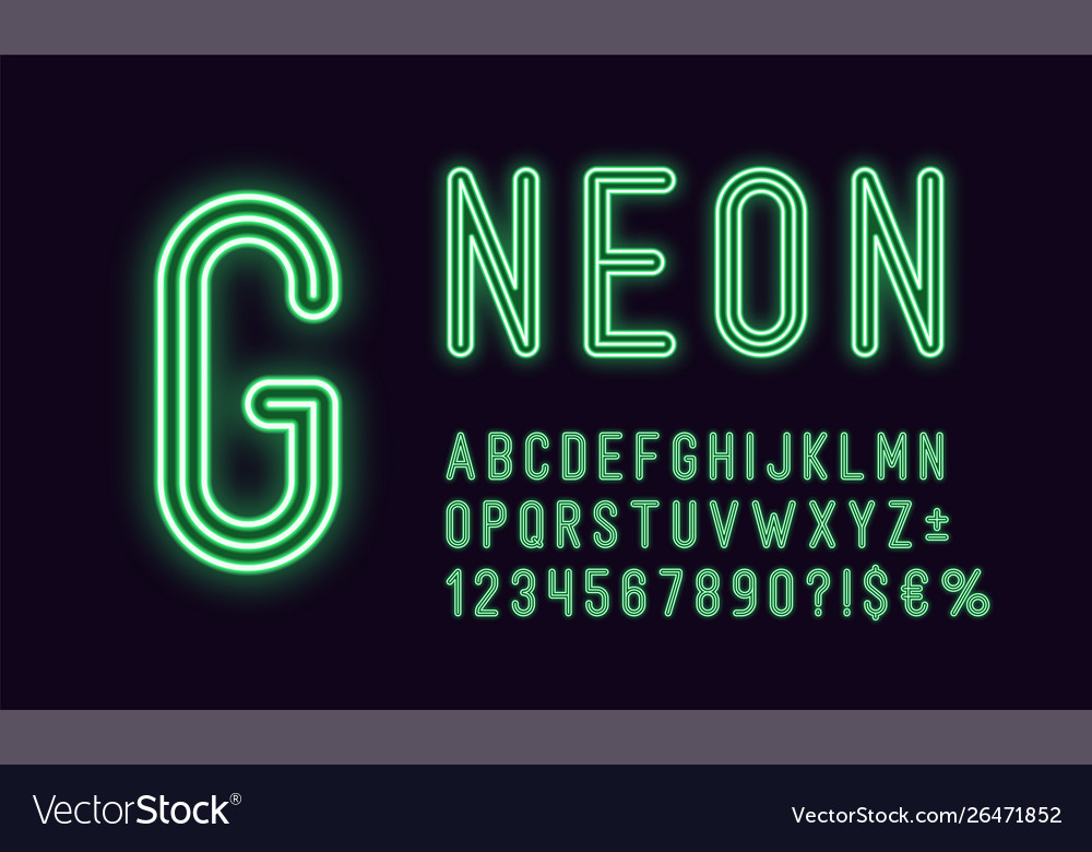 Neon rounded alphabet green color outlined font Vector Image