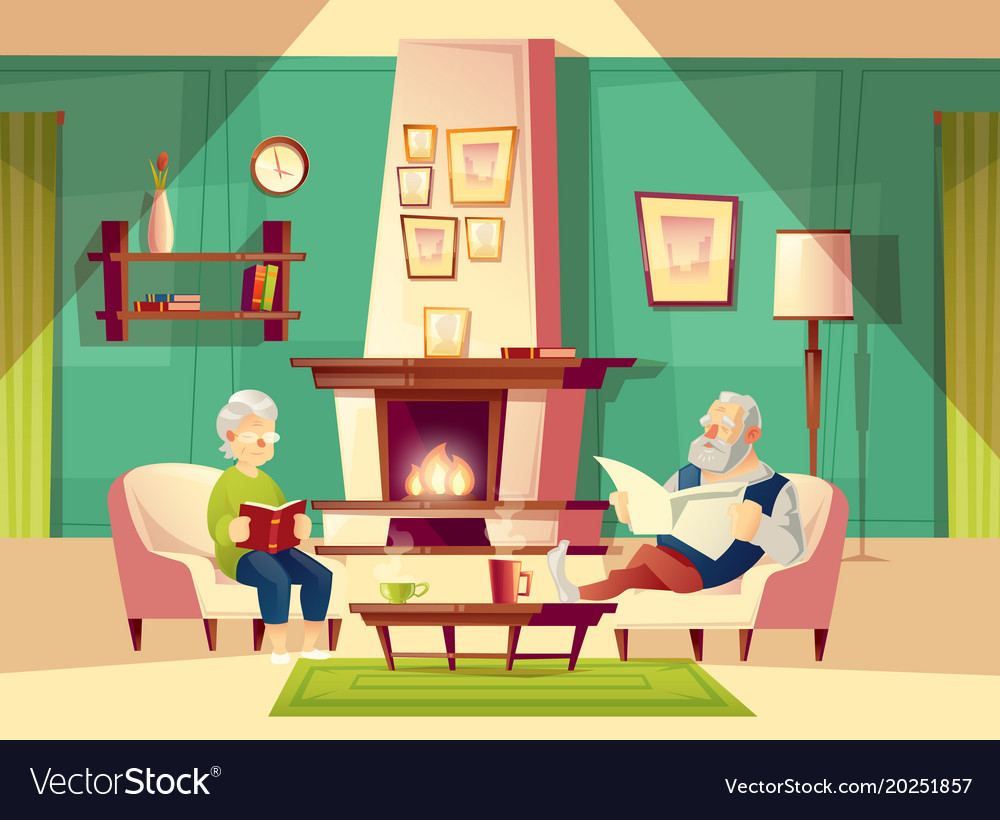 Cartoon old man and woman in living room Vector Image