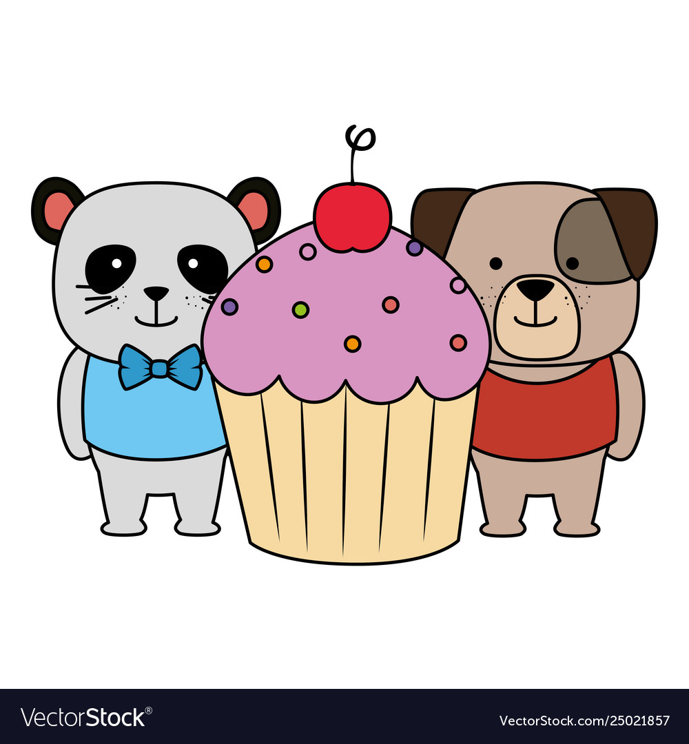 Sweet Cupcake With Cute Dog And Panda Royalty Free Vector