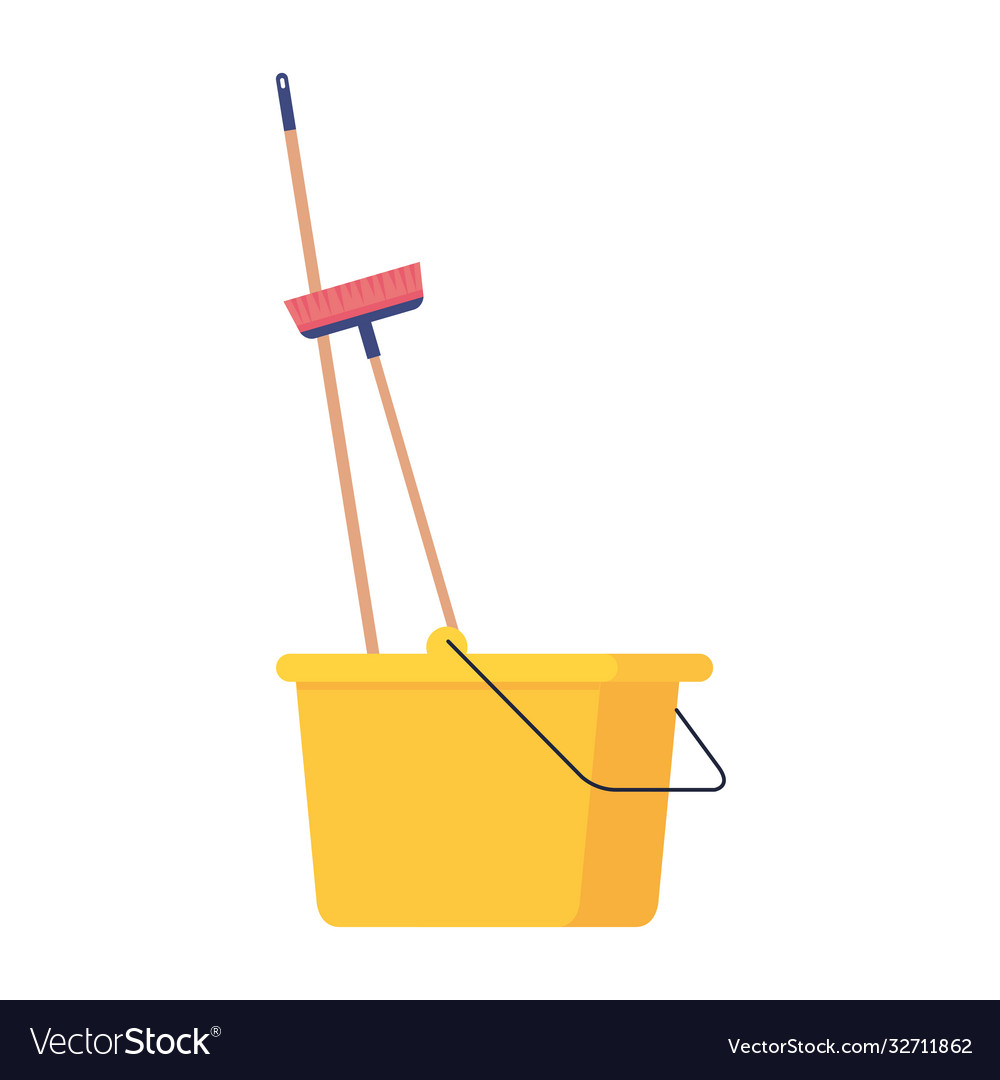 Plastic bucket tool yellow color with broom Vector Image