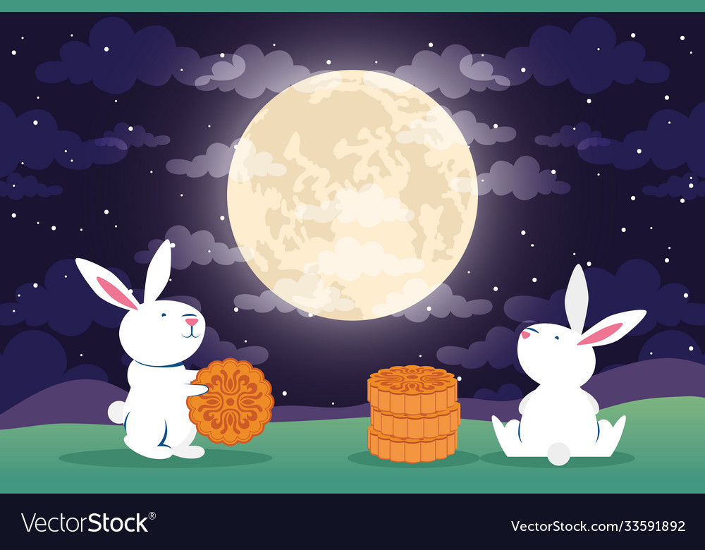 Mid autumn festival poster with rabbits and full Vector Image