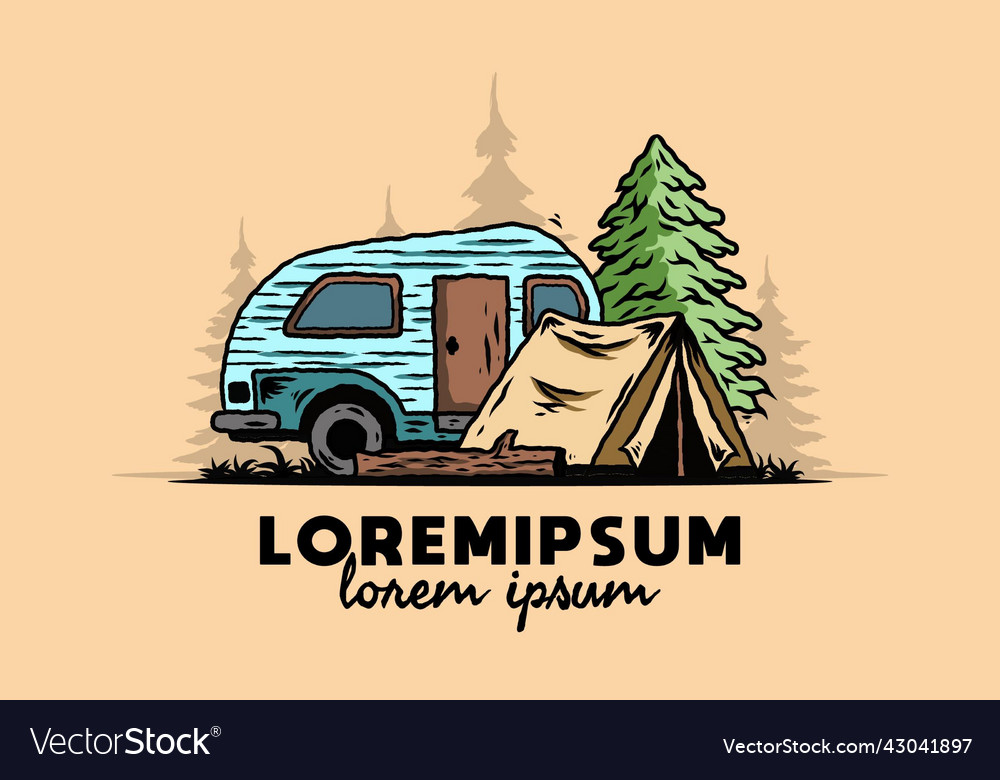 Teardrop camper and tent in front of pine tree Vector Image