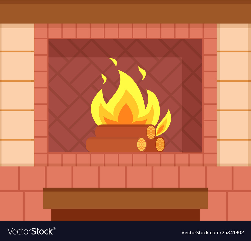 Brick Fireplace Wooden Logs Bright Burning Fire Vector Image