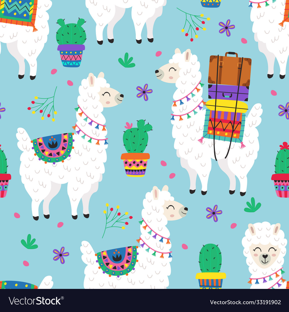 Seamless pattern with llama and cacti vector image Seamless pattern with llama and cacti