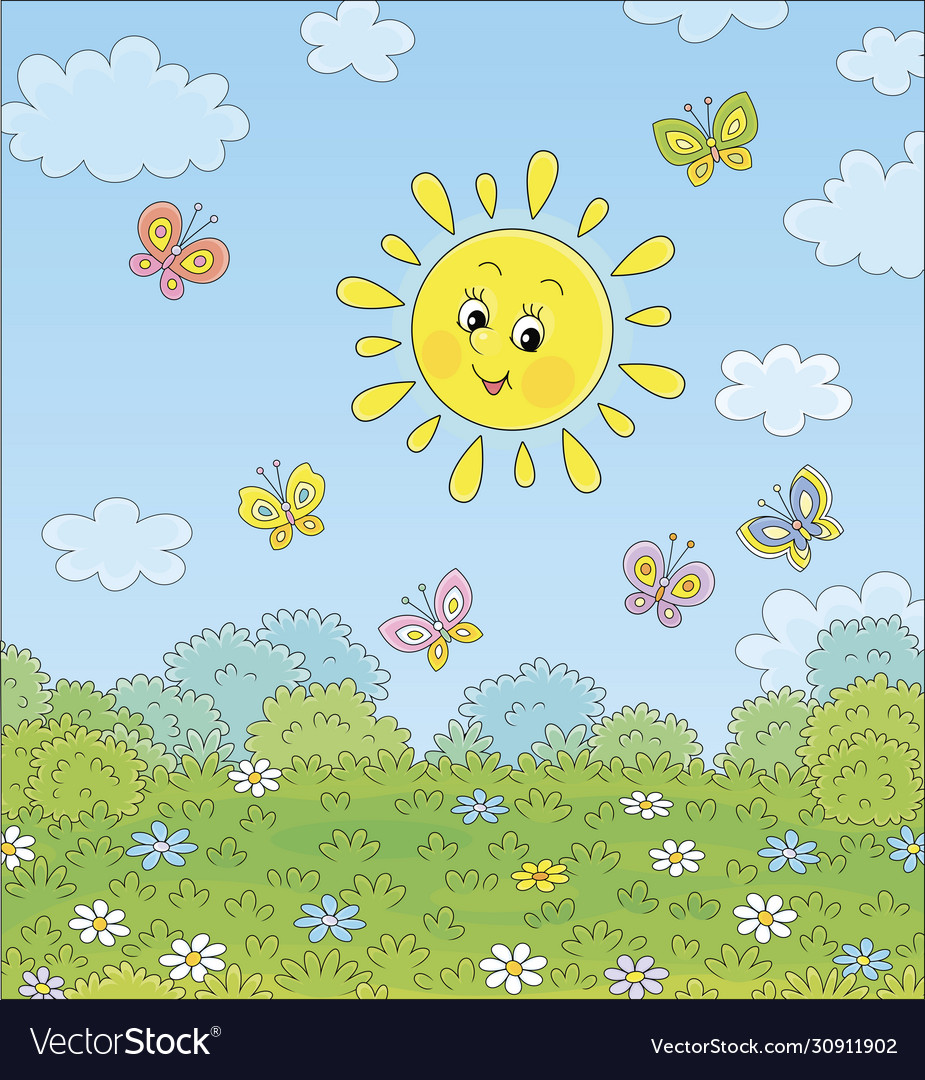 Smiling sun and colorful butterflies over a field Vector Image