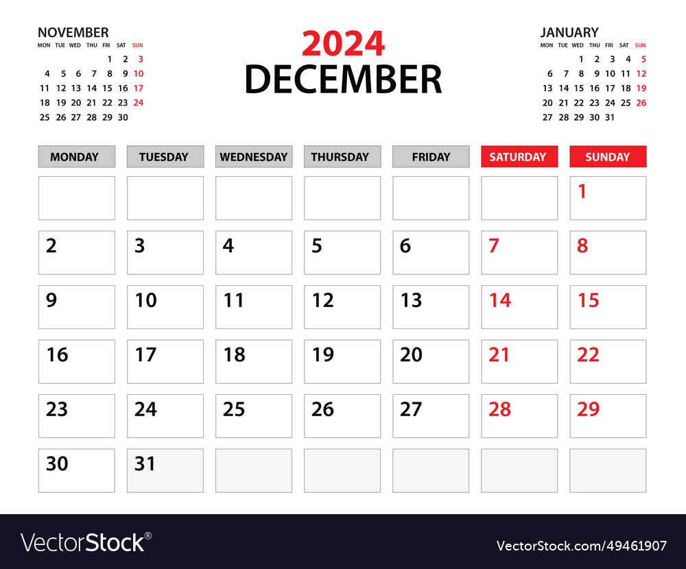 Calendar 2024 template december 2024 year Vector Image