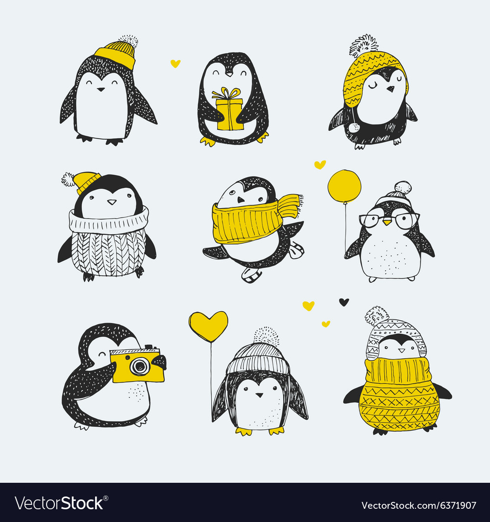 Cute hand drawn penguins set - greetings cards