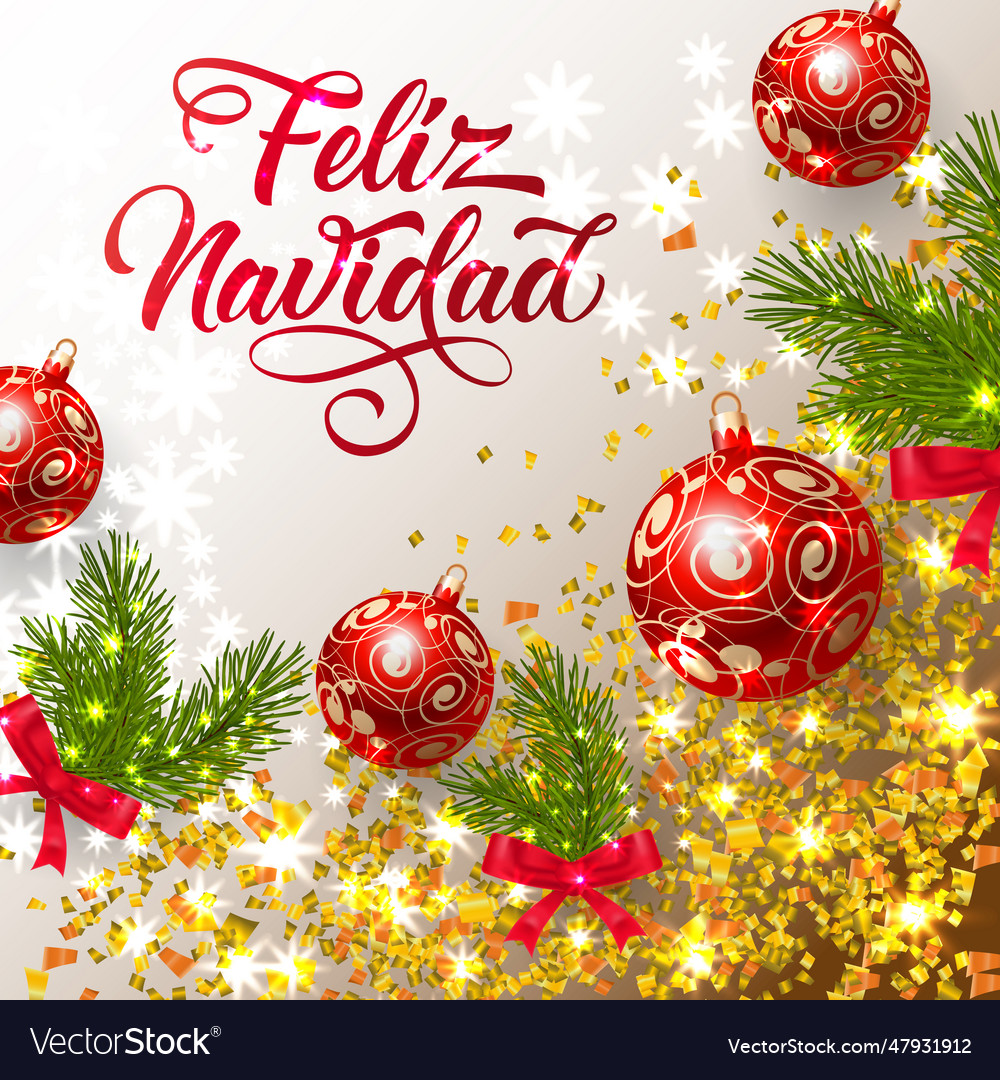 Feliz navidad lettering with shining confetti Vector Image