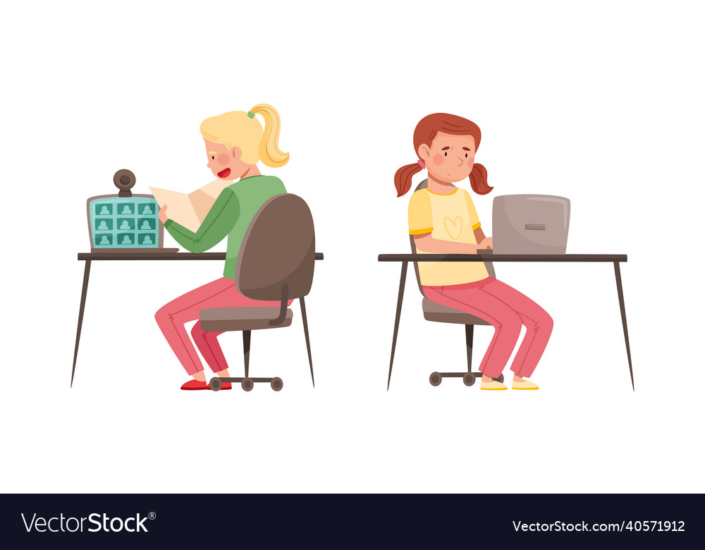 Girls Studying Online And Communicating Royalty Free Vector