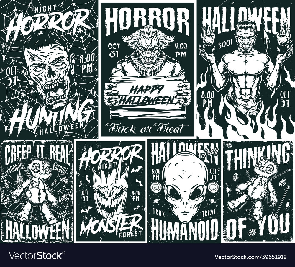 Halloween night monochrome vintage posters vector image Halloween night monochrome vintage posters