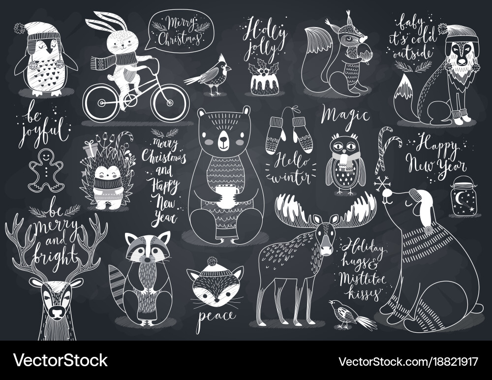 Cute forest animals set chalkboard style cute Vector Image