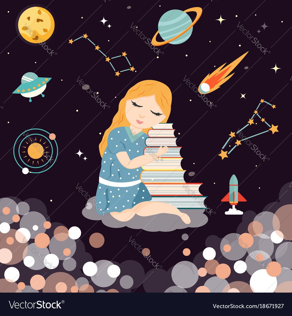 Image of a cute dreaming girl with a pile of books