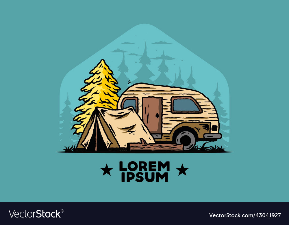 Teardrop camper and tent in front of pine tree Vector Image