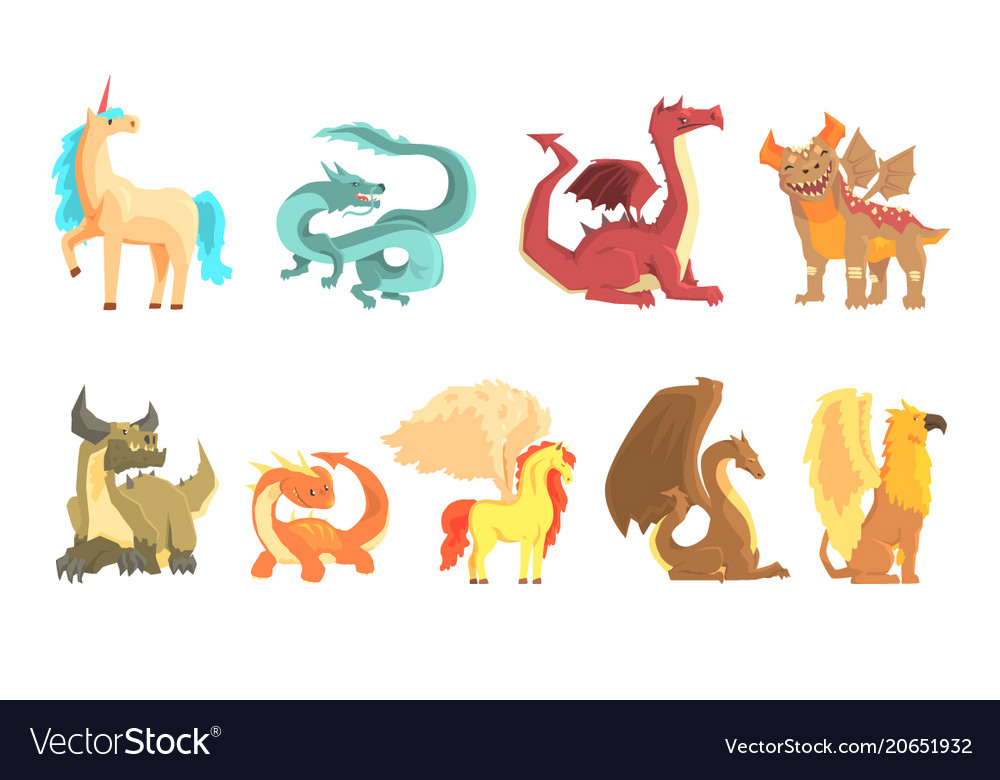 Mythological animals set for label design dragon Vector Image